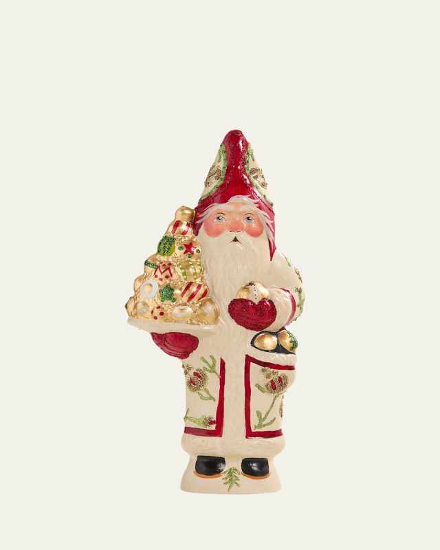 White Father Christmas Holding Golden Ornaments